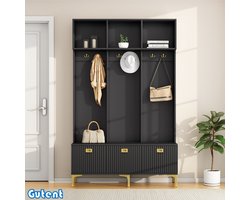 Gutent Garderobeset-Opbergbank-6 Gouden Haken-Zwart-W120/D23.5/H191.5CM