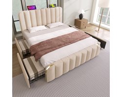 Gutent-Gestoffeerd bed 140x200 cm-gewatteerd hoofdeinde met gouden sierstrepen en USB Type-C oplaadfunctie-zonder matras