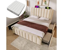 Gutent-Gestoffeerd bed 180x200 cm-gewatteerd hoofdeinde met gouden sierstrepen en USB Type-C oplaadfunctie-inclusief matras