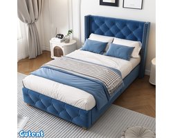 Gutent Gestoffeerd bed - 90*200 cm - met lattenbodem en hoofdeinde - Bekleding met knopen - Bekleding met klinknagels - Houten poten - Fluweel - Blauw - Zonder matras