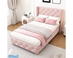 Gutent Gestoffeerd bed - 90*200 cm - met lattenbodem en hoofdeinde - Bekleding met knopen - Bekleding met klinknagels - Houten poten - Fluweel - Roze- Zonder matras