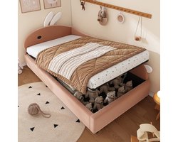 Gutent-Gestoffeerd bed 90x200 cm-eenpersoonsbed-kinderbed-schattig konijntje-hoofdbord-roze+wit