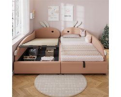 Gutent-Gestoffeerd bed-90x200cm*2-Kinderbed-Knuffel-haasje-hoofdbord-Verhoogd zacht hek-roze+wit