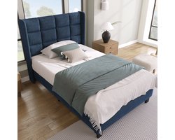 Gutent Gestoffeerd bed, Grijsblauw(Zonder matras), 90x200 cm, Linnen, met Gestoffeerd hoofdbord, Eenpersoonsbed met lattenbodem, medium stevigheid, modern design