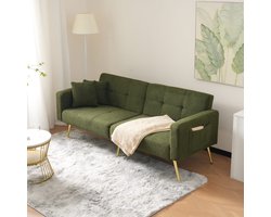 Gutent Gestoffeerde bank - met bedfunctie - in hoek verstelbaar - gouden poten - met kussens - opbergzakken aan de zijkant - Groener gekleurd