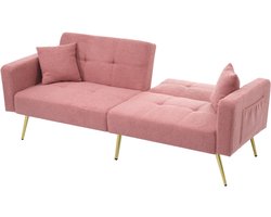 Gutent Gestoffeerde bank - met bedfunctie - in hoek verstelbaar - gouden poten - met kussens - opbergzakken aan de zijkant - Roze gekleurd
