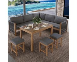Gutent Hoek Loungesets - Polyratten - Tuinset Met Kussens - Bistro Set - 7-8 Personen - Bank - 3 Krukken - 1 Tafel - Acacia - Natuur Grijs