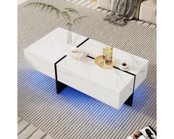 Gutent Hoogglans Salontafel, Wit, Sspaanplaatmateriaal, Opbergruimte met laden,Imitatiemarmerstructuur, 100*50*34,5 cm, met toepassingsgestuurd LED-verlichtingssysteem