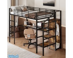 Gutent Hoogslaper-90*200 cm-Desk-Open Kledingkast-Iron Shelf-Black-No Matress-No Chair