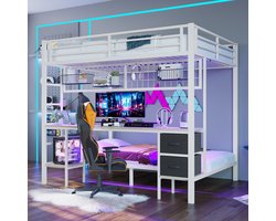 Gutent Hoogslaper-90*200 en 140*200cm-Iron Frame-Hoogplanken-Bureau-met-LED-Strip-7-kleuren-USB-Poort-Geen-Matras-Wit-Geen stoelen