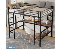 Gutent Hoogslaper - 90x200 cm- IJzeren bed met bureau- Met vier kleine boekenplanken- Eén grote boekenplank- Zwart- Geen matras- Geen stoel