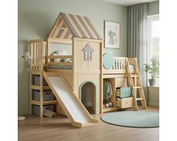 Gutent-Hoogslaper met glijbaan-Hoogslaper kind-90x200 cm-Met drietraps trap-Met opbergvakken en kledingkast-Natuur+Groen