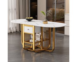Gutent Inklapbare Eettafel, Wit + Goud (kleur), Uitschuifbare eettafel, Multifunctionele uitschuifbare eettafel, Eettafel met opbergruimte, Eettafel met laden, Eettafel in 3 vormen, Salontafel