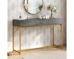 Gutent Kaptafel, Grijs/Goud , Haltafel met 1 lade, lichte bijzettafel, sofatafel, 120x38x76 cm