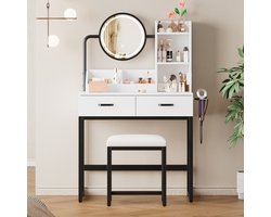 Gutent Kaptafel - met LED-verlichting - Draaibare spiegel - Stopcontact - Inclusief krukje - Goudkleurige metalen pootjes - 2 lades + 2 open vakken - Wit +Zwart- Afmetingen: 80 x 138,5 x 40 cm (B x H x D)