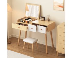 Gutent Kaptafel Natuurlijk + Wit(Zonder kruk) met Spiegel, Houten Kaptafel met laden, verdeelde opbergruimte, extra grote opbergcapaciteit, B100/H78/D40 cm