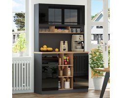 Gutent Kast-105×45×185 cm-Zwart-Buffetkast-Hoogglansdeuren-Metalen trekkers-Verstelbare legplanken-Open opbergruimte-Anti-Tilt