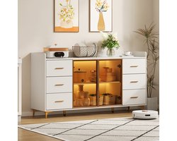 Gutent Kast-160×44×87 cm-Wit-6 Laden-Glazen Deuren-Remote LED Verlichting-Gouden Metalen Handgrepen
