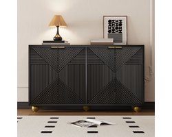 Gutent Kast, Dressoir met vier voorgevormde deuren, verstelbare binnenplanken, metalen handgrepen en bolvormige poten, Zwart