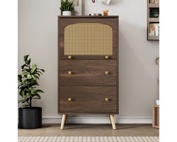 Gutent Kast, Walnootkleur, met Rotan Details, Twee lades, schuifdeuren en gouden poten - 60 x 40 x 113 cm - Stijlvol opbergmeubilair voor modern wonen
