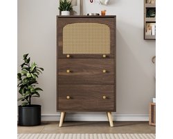 Gutent Kast, Walnootkleur, met Rotan Details, Twee lades, schuifdeuren en gouden poten - 60 x 40 x 113 cm - Stijlvol opbergmeubilair voor modern wonen