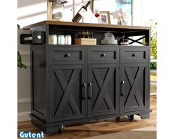 Gutent Keukenkasten (118 x 43-80 x 98 cm)-Houtnerf Eetkamerkast-Eetkamerwagen met wielen-Opbergruimte-Verwisselbaar tussenschot-met handdoekrek-Zwart