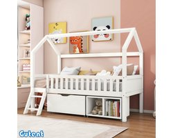 Gutent Kinderbed - 200x90cm - met laden en opbergvakken - jongens en meisjes - met relingen - Wit - Geen matras