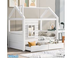 Gutent Kinderbed - 80*160 cm - met relingen - Jongen en meisje - Massief hout - Met raam - Wit - Zonder matras