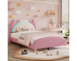 Gutent Kinderbed, Beige + Roze, 90x200 cm, Gestoffeerd bed, Eenpersoonsbed, Kinderbed, kinderbed met houten lattenbodem, met massief houten en ijzeren buisframe, LED-lichtlijst, materiaal zacht schuim + PU leer