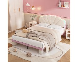 Gutent Kinderbed - Beige + Roze (zonder matras) - 140x200 cm - LED-lichtstrip - Stoffen ronde bedpoten - Fluweel