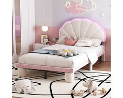 Gutent Kinderbed, Beige + Roze (Zonder matras), 90x200 cm, Gestoffeerd bed met veelkleurige afwisselende LED-strip, hoofdbord met geschulpte randen, gestoffeerde ronde poten met houten latten, Eenpersoonsbed, fluweel.