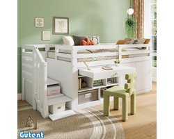 Gutent Kinderbed-Houten Multifunctioneel-Met Trap en Opbergruimte-Met Trap/Kast Verwisselbaar Links en Rechts-Lade draaibaar-90*200cm-Wit-Geen Matras