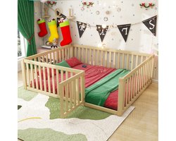 Gutent Kinderbed, Houtkleur(zonder matras), 140 x 200 cm, Houten frame met rails en deurtje, Zonder lattenbodem