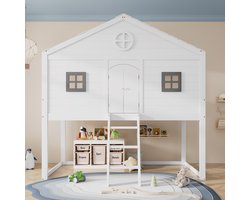 Gutent Kinderbed -Met trap -Met reling -Twee grijze ramen -Vrij ontwerp van de onderkant van het bed (zonder beslag onder het bed) -Pine + MDF -Wit + Grijs -90x200 cm -Geen matras