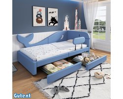 Gutent Kinderbed Patchwork - Dagbed - Walvisvormig ontwerp - Met metalen bedframe - 2 laden op wieltjes - PU + MDF + kurk - Blauw - 90x200 cm - Zonder matras