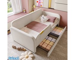 Gutent Kinderbed - Slaapbank - met metalen bedframe - 3 kleine opbergvakken - 2 laden op wieltjes - Fluweel + MDF + kurk - Wit - 90x200 cm - Zonder matras