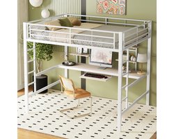 Gutent Kinderbed (Zonder matras, Zonder stoel), Metalen bedframe met bureau en twee boekenplanken, Geschikt voor kinderen, Tieners en Volwassenen, 140x200 cm, Wit