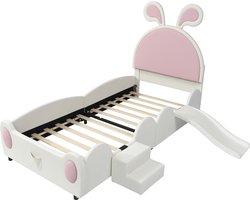 Gutent Kinderbedden - Prinsessenbedden voor meisjes - met trapje en glijbaan - Bunny look - PU stof - Wit +Roze - 90x200 cm - Zonder matras