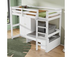 Gutent Kinderhoogslaper - met ladder - met kleerkast - bank met opbergruimte - drie kussens en kussens - massief hout - Wit - 90 x 200cm (Geen matras)