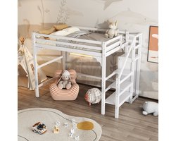 Gutent Kinderhoogslaper, Wit (Zonder matras), 140*200 cm, met Lattenbodem, met ladder, met kleerkast, jeugdbed en opbergruimte