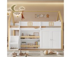 Gutent Kinderzolderbed - Houten bed - Hoog bed - Veilige tweedelige opbergladder - Met planken en kledingkast - Met leuning - Wit + naturelkleur - 90 x 200 cm - Zonder matras