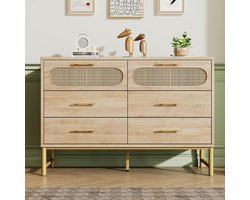 Gutent Ladekast, Eiken, Rotan, met 6 laden, Metalen handgrepen, Kantelbeveiliging, 120 x 40 x 74 cm, voor woonkamer en slaapkamer