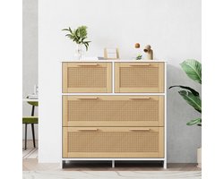 Gutent Ladekast, Hout en Wit, Rotan kast met 4 lades,Massief houten handgrepen, geschikt voor slaapkamer, woonkamer, eetkamer en hal, afmetingen: B80/H80/D38 cm