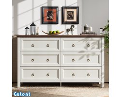 Gutent Ladekast - Wit - Retro Stijl - met aluminium ladegrepen - walnoot bovenkant - 6 lades