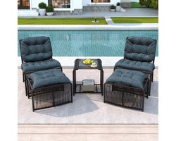 Gutent Loungesets - 5 Delig - 1 Tafel - 2 Stoelen - 2 Krukken - Ijzer Frame - PE Ratten - Incl Kussens - Glazen Plaat - Weerbestendig - Zwart Grijs