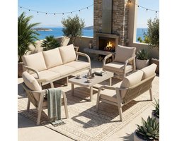 Gutent Loungesets - 7 Personen - 3 Zitsbank - 2 Zitsbank - 2 Stoelen - 1 Salontafel - Glazen Blad - Verzinkt Ijzer - Gevlochten Touw - Beige
