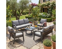 Gutent Loungesets - 7 Personen - 3 Zitsbank - 2 Zitsbank - 2 Stoelen - 1 Salontafel - Glazen Blad - Verzinkt Ijzer - Gevlochten Touw - Grijs