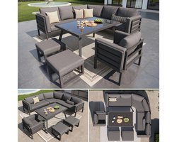 Gutent Loungesets - Halve Maan Bank - 8 Personen - Ijzer Gestel - Incl Glazen Tafel Stoel Krukken - Grijs Kussen - Weerbestendig