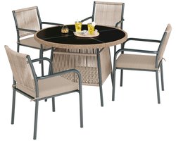 Gutent Loungesets - Tuinset - 5 Delig - 1 Ronde Glazen Tafel - 4 Armstoelen - Metaal Gestel - Voor Tuin Terras - Grijs