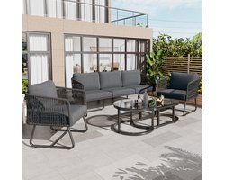 Gutent Loungesets - Verzinkt Ijzer - Touw Set - Grijs Touw - Verstelbare Voeten - Glad Glas Blad - 5 Delig - Incl Alle Kussens - Grijs